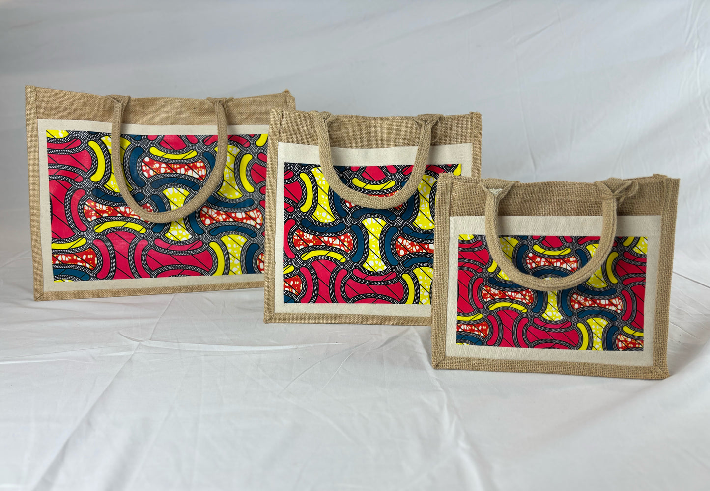Set de 3 sacs cabas en toile de jute imprimé wax – Petit, Moyen, Grand