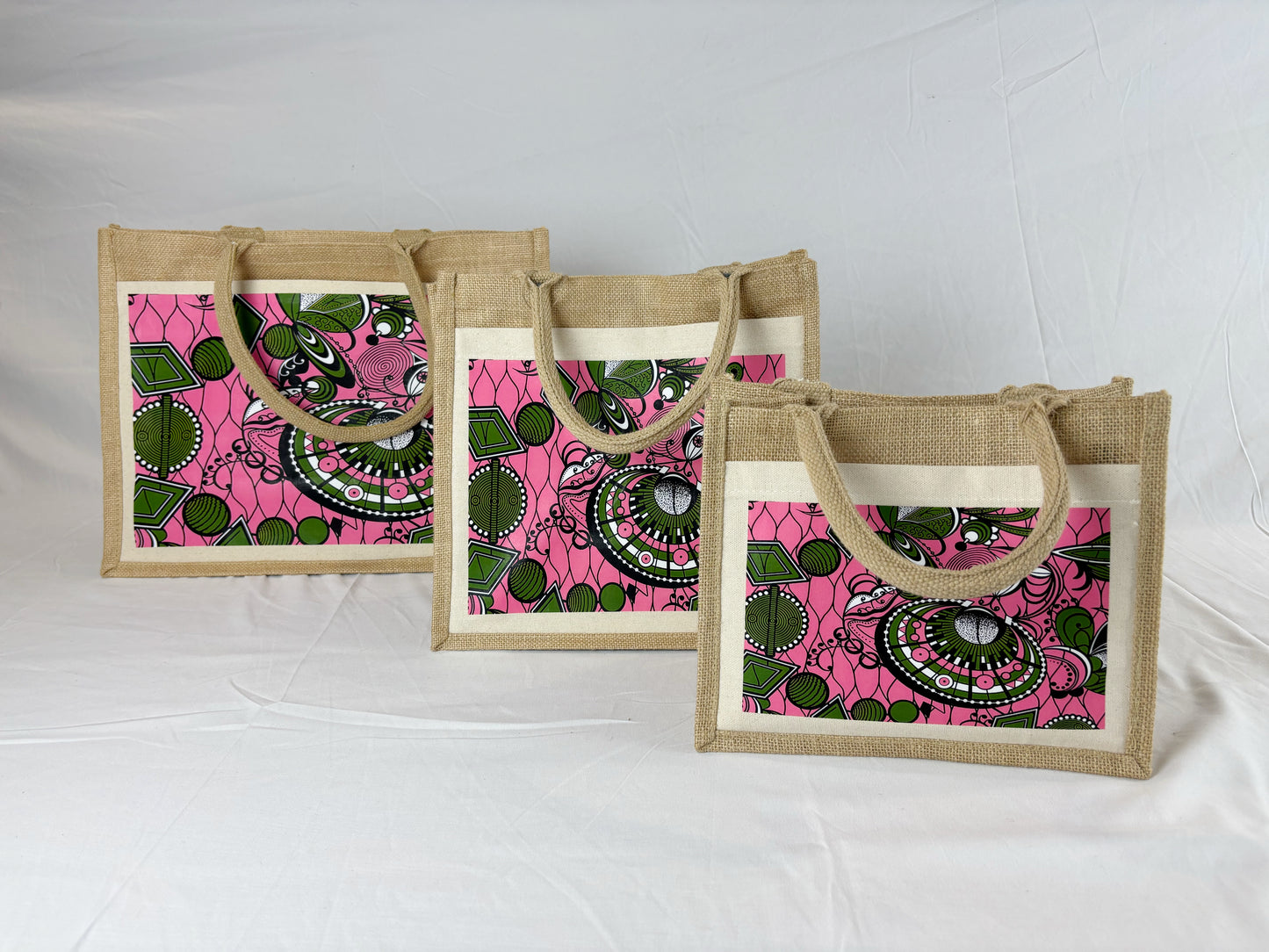 Set de 3 sacs cabas en toile de jute imprimé wax – Petit, Moyen, Grand