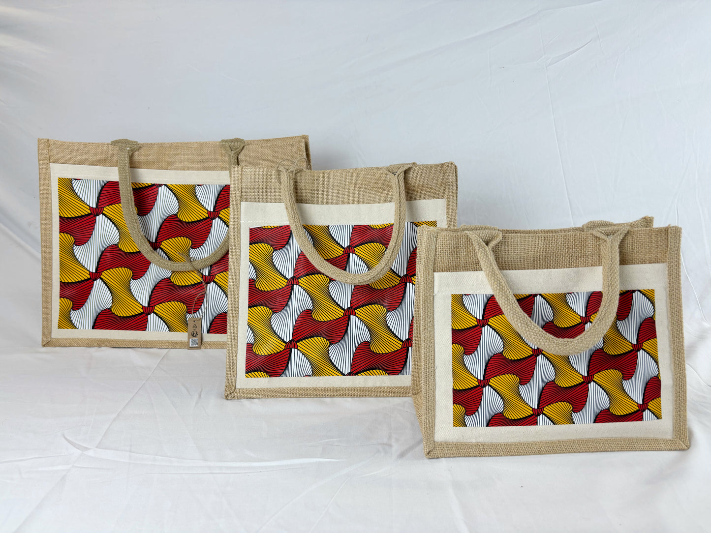 Set de 3 sacs cabas en toile de jute imprimé wax – Petit, Moyen, Grand